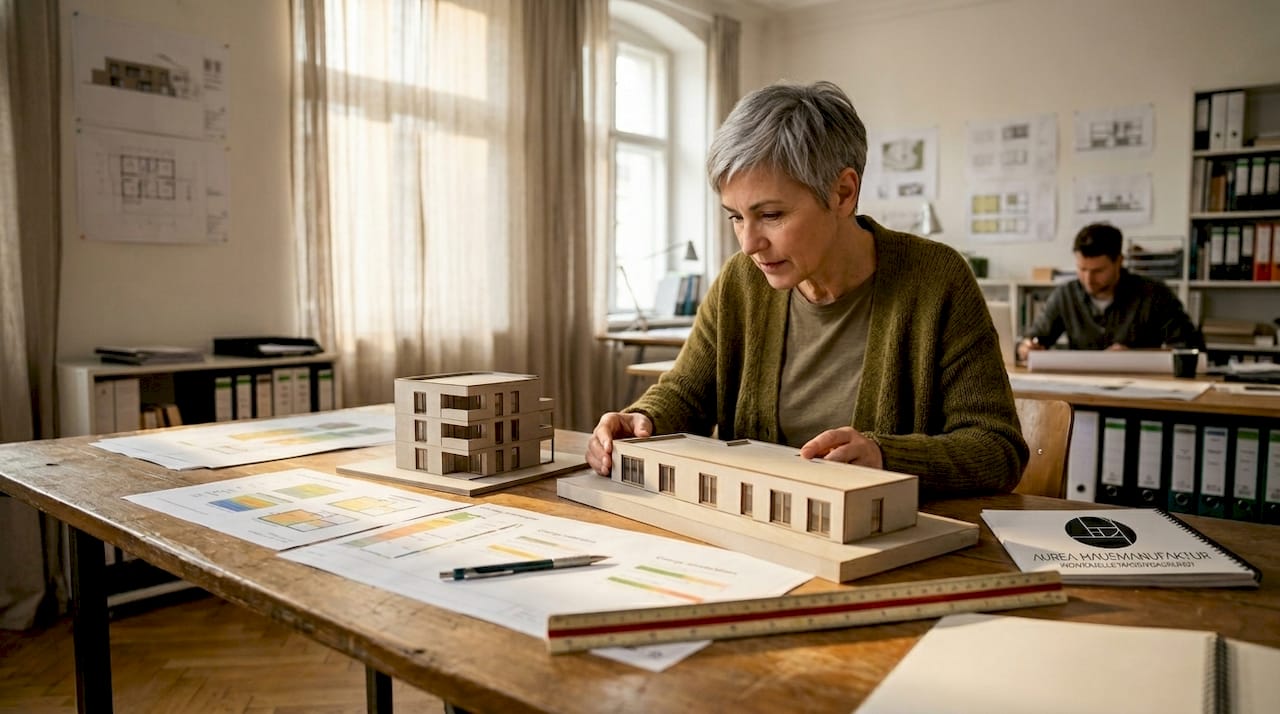 Eine Architektin bewertet verschiedene Hausentwürfe hinsichtlich ihrer Energieeffizienz.