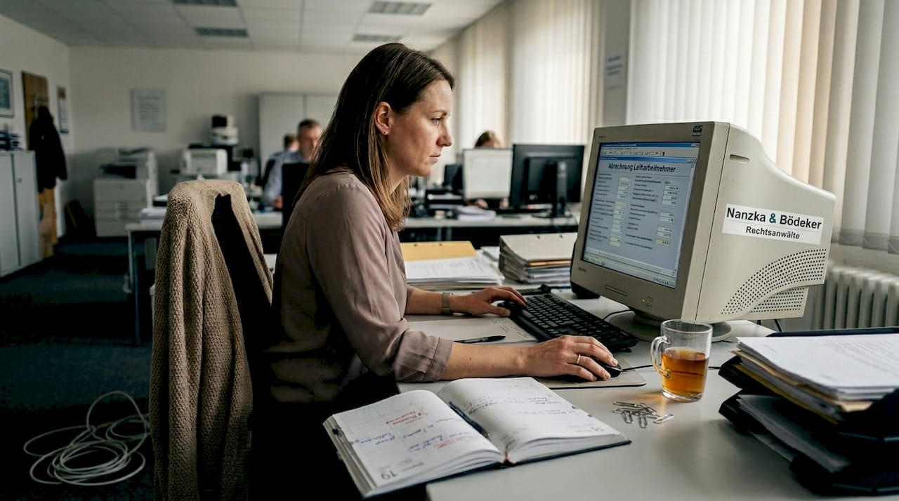 Eine Lohnbuchhalterin überprüft im Büro die Abrechnungen von Zeitarbeitskräften.
