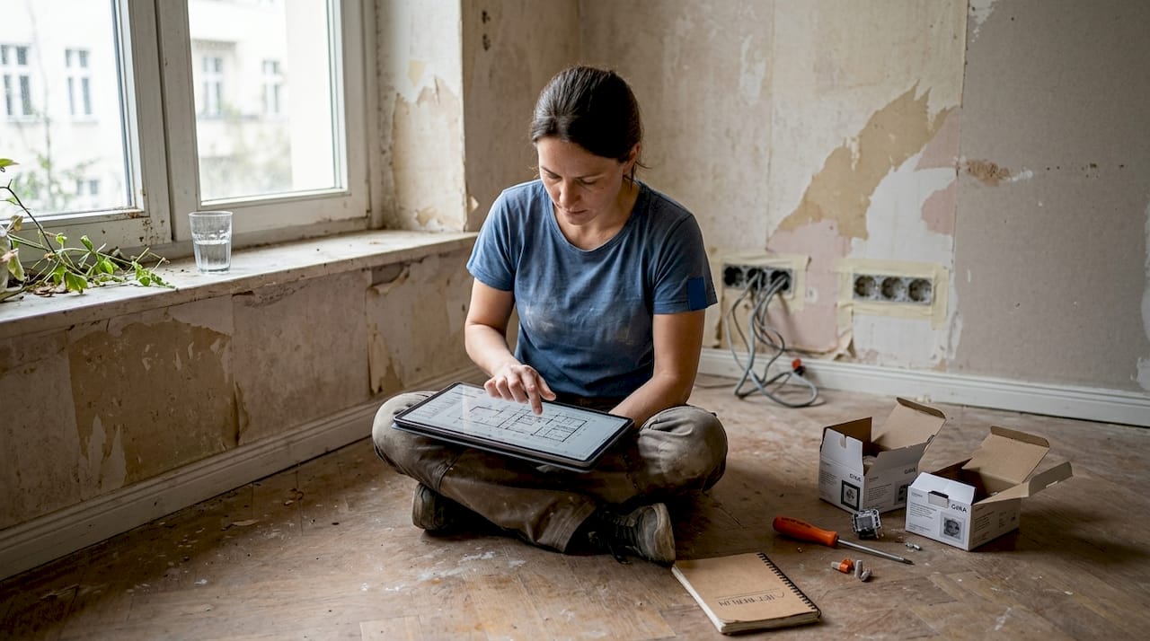 Eine Frau möchte ihr Wohnzimmer mit einer flexiblen Elektroinstallation ausstatten und plant dafür ein modulares System.