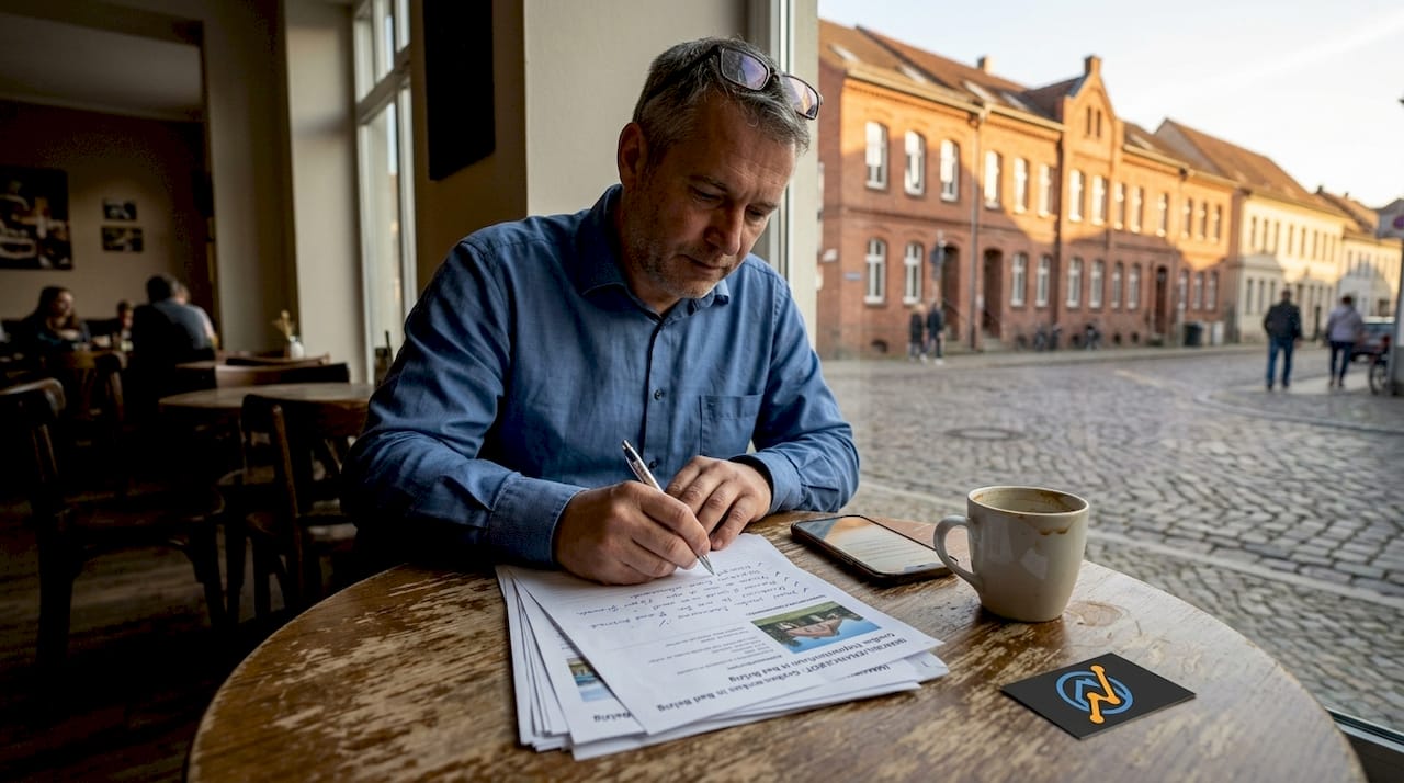 Im Café Brandenburg nimmt sich der Makler Zeit, um die Unterlagen sorgfältig durchzugehen.