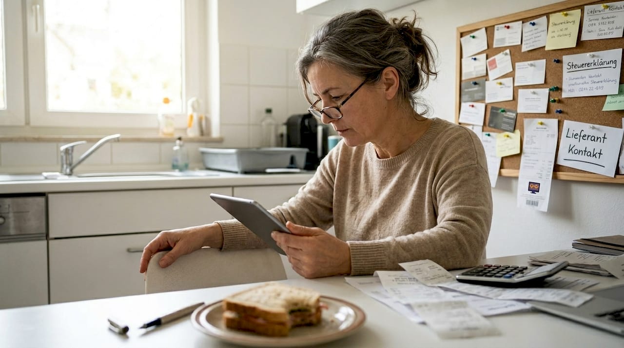 Ein kleiner Unternehmer nutzt die Mittagspause, um Rechnungen zu sortieren.