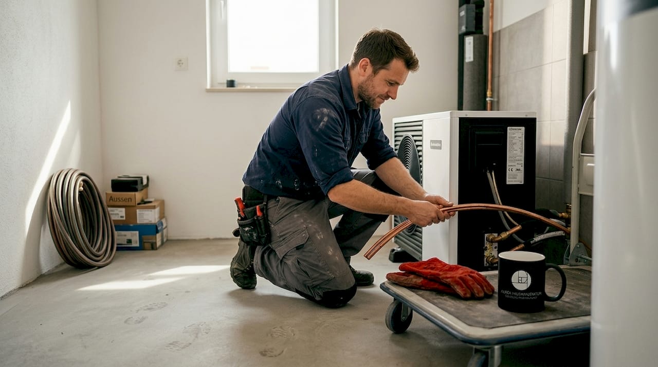 Ein Monteur baut die Wärmepumpe im Hauswirtschaftsraum ein.