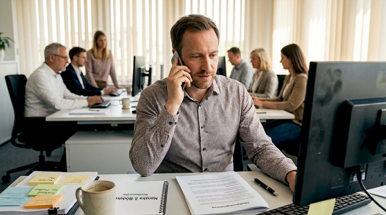 Ein Personalreferent erklärt einem Bewerber den Ablauf und die wichtigsten Punkte eines Zeitarbeitsvertrags am Schreibtisch.