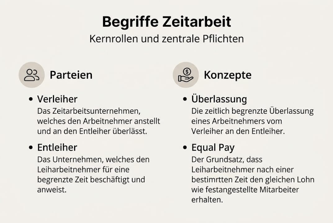 Übersichtsgrafik: Zentrale Begriffe und typische Rollen in der Zeitarbeit
