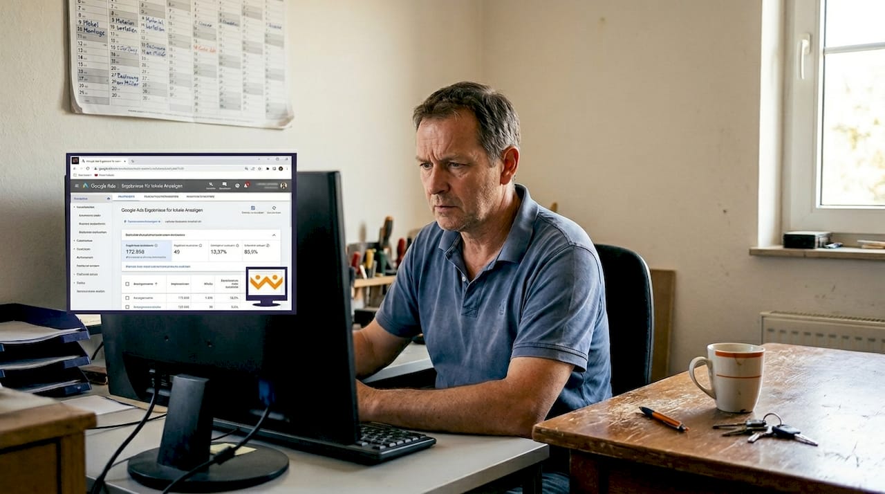 Ein Handwerksunternehmer wirft einen Blick auf die Auswertung seiner Online-Anzeigen, um zu sehen, wie gut sie bei den Kunden ankommen.