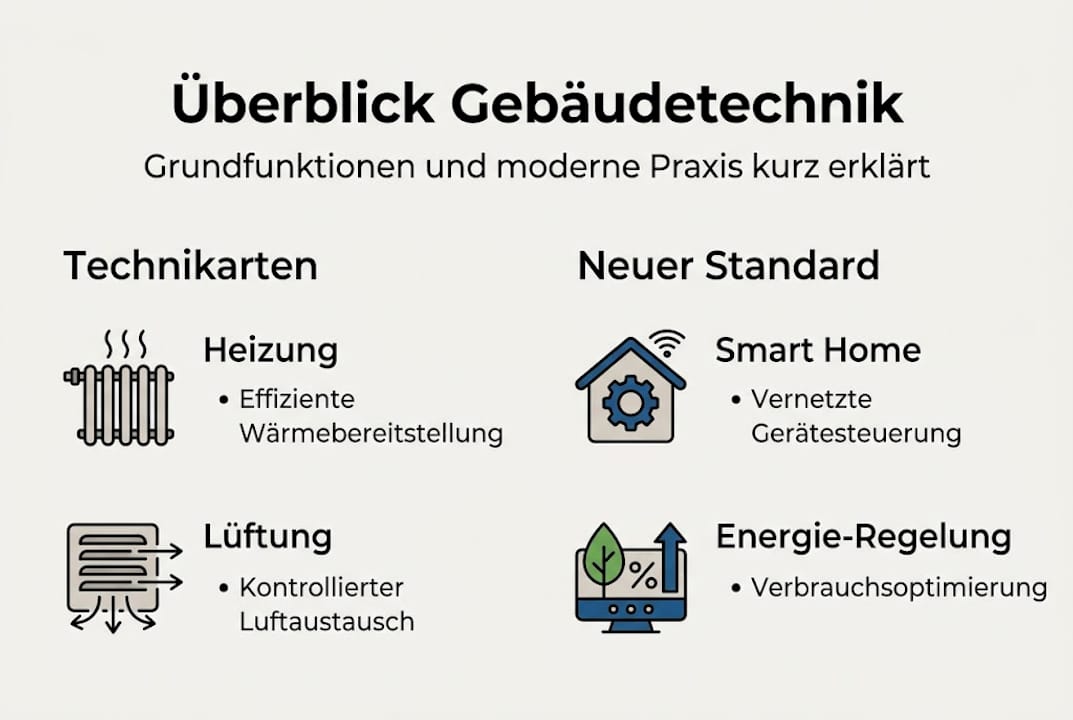 Die Infografik bietet einen anschaulichen Überblick über die wichtigsten Funktionen der Gebäudetechnik.