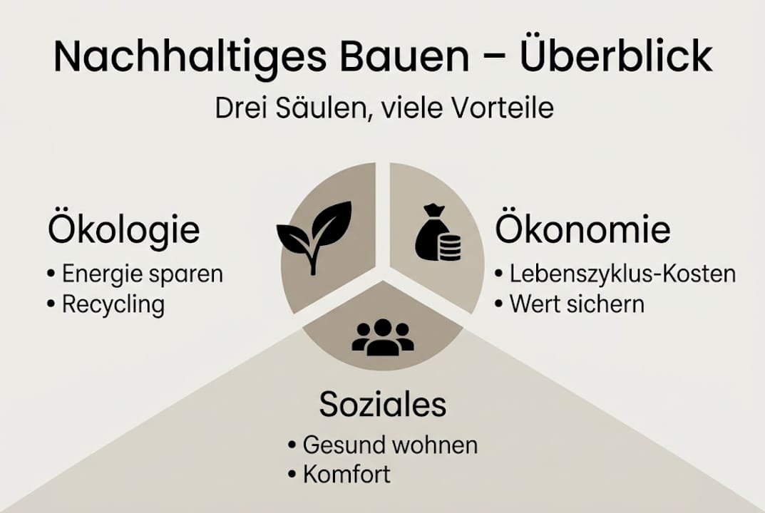 Grafik: Nachhaltiges Bauen – drei zentrale Handlungsfelder im Überblick