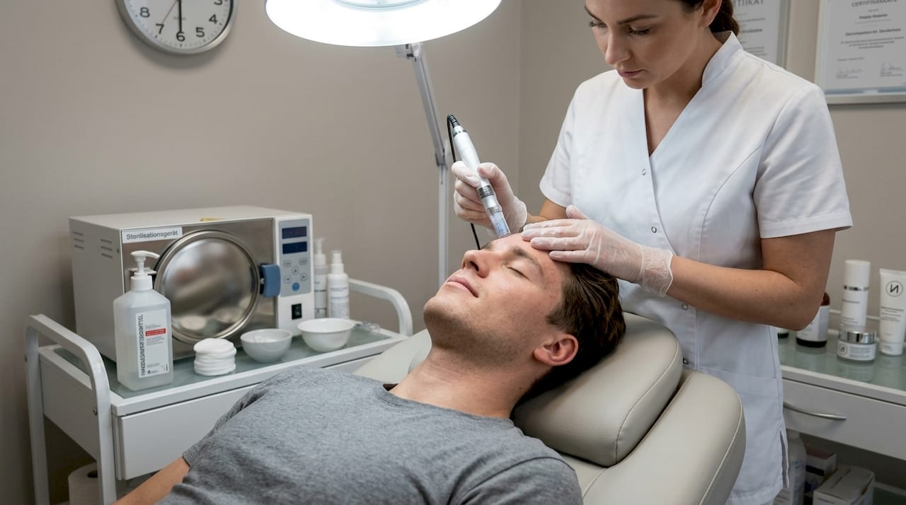 Moderne Behandlungstechniken in der Kosmetik 3 Ein Mann lässt eine RF-Microneedling-Behandlung im Kosmetikstudio durchführen.