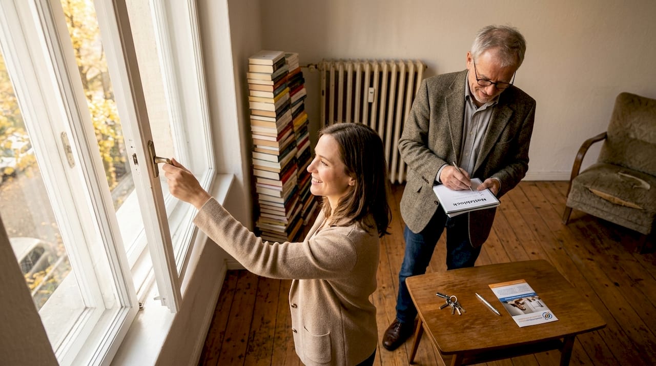 Besichtigung einer Wohnung: Makler zeigt der Interessentin die Räumlichkeiten