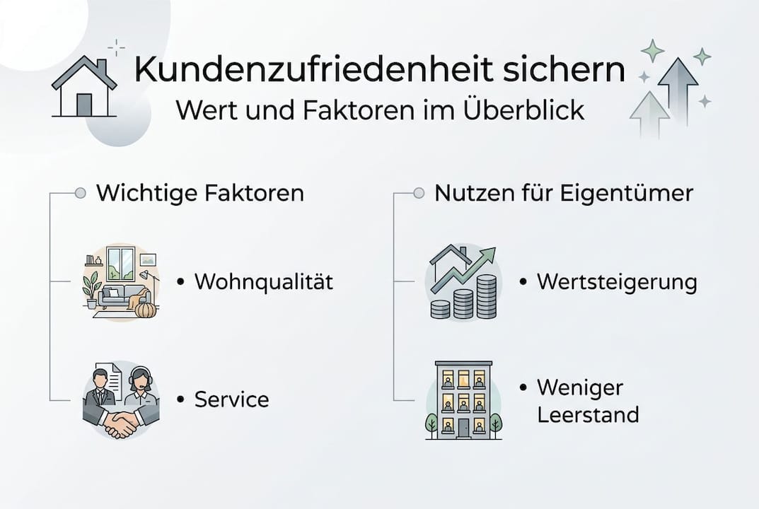 Diese Infografik veranschaulicht, welche Faktoren die Zufriedenheit von Mietern beeinflussen und welche Vorteile sich daraus ergeben.