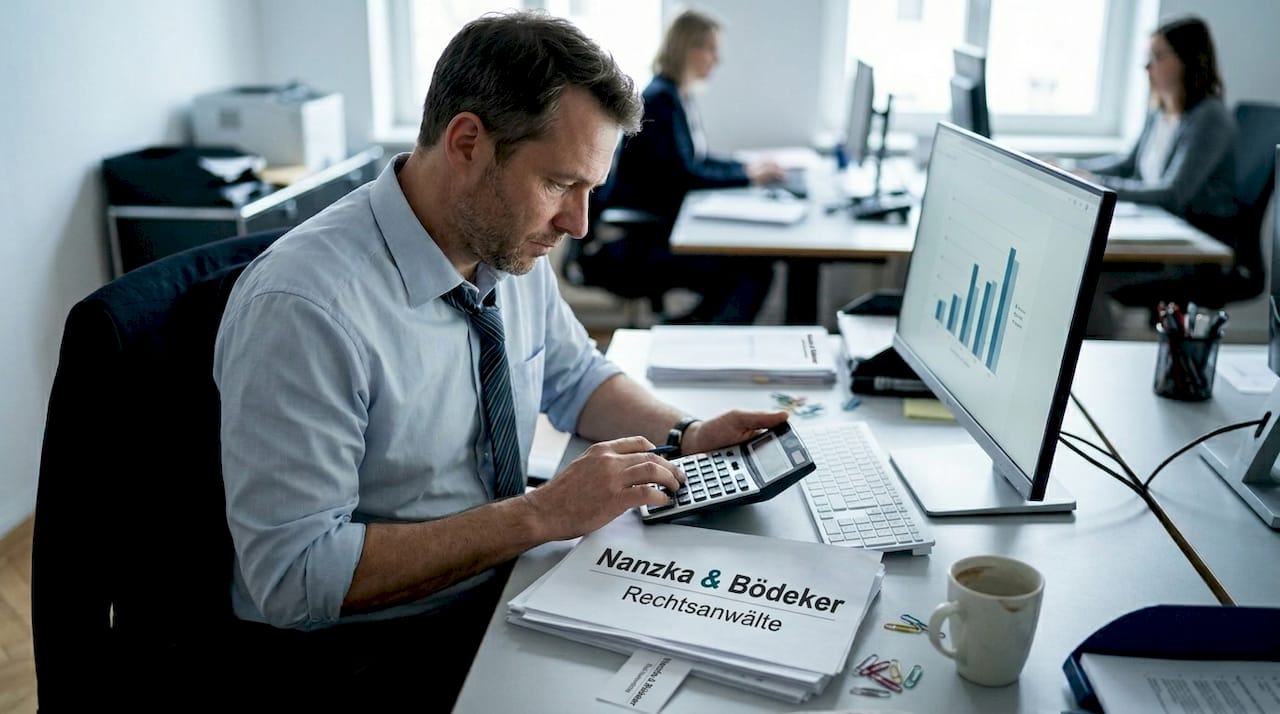 Eine Büroleiterin prüft am Schreibtisch die aktuellen Kosten und behält dabei den Überblick über die Ausgaben.