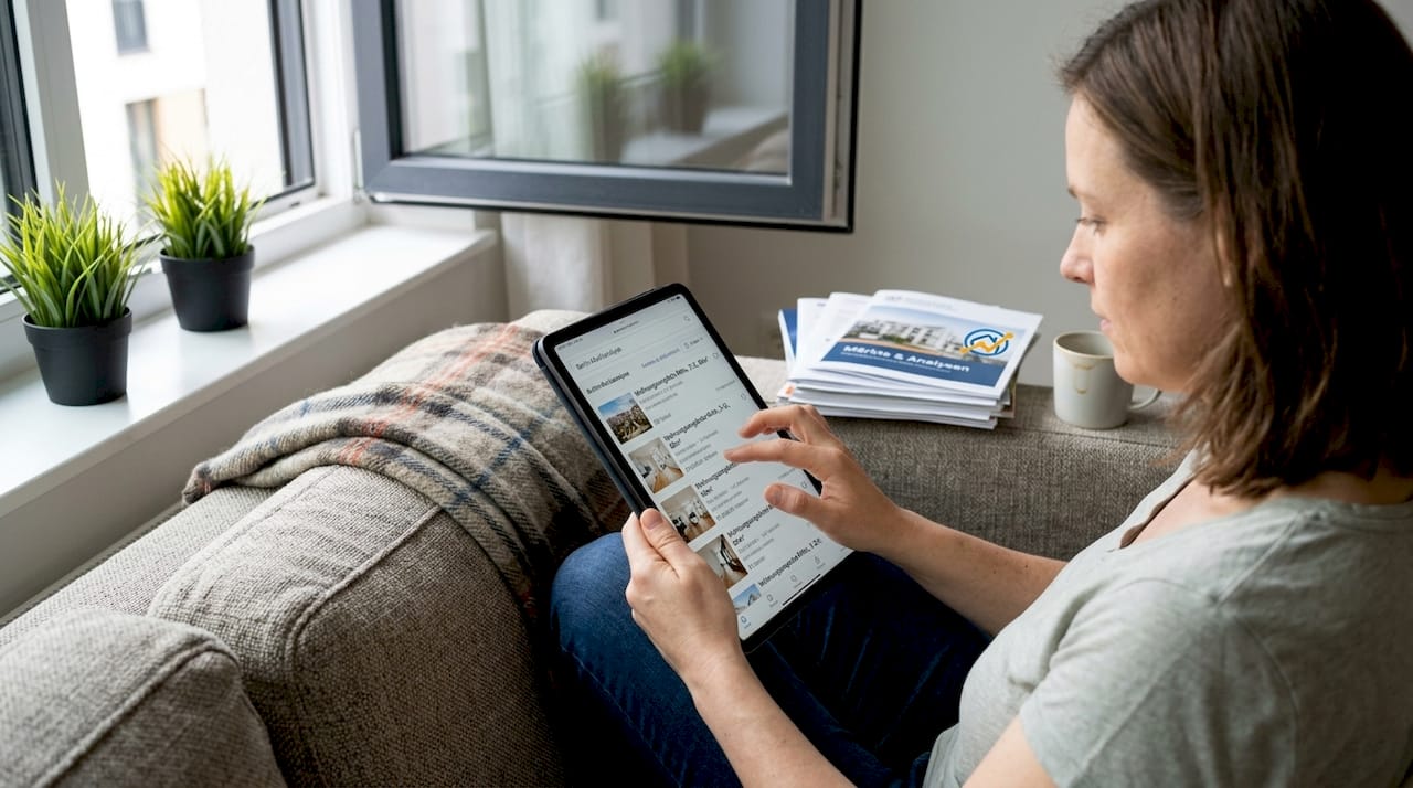 Eine Frau vergleicht Wohnungsangebote auf ihrem Tablet.