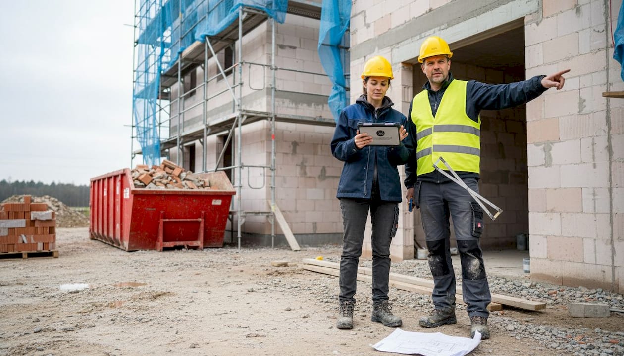 Gemeinsam nehmen Architektin und Bauleiter den Rohbau vor Ort unter die Lupe.