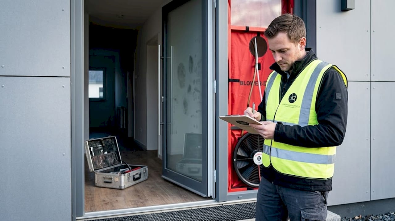 Der Bauleiter überprüft die Luftdichtigkeit des Neubaus.