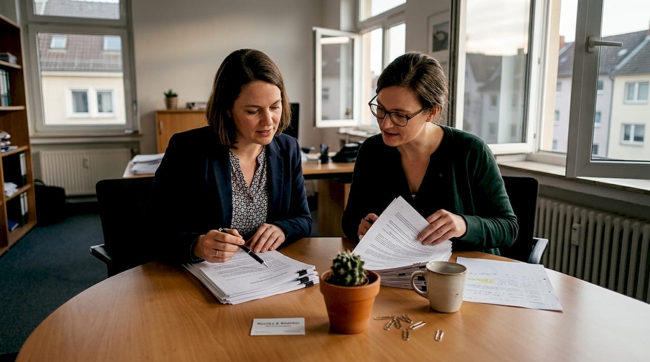 Zwei Kolleginnen sitzen gemeinsam am Tisch und gehen Vertragsunterlagen durch.