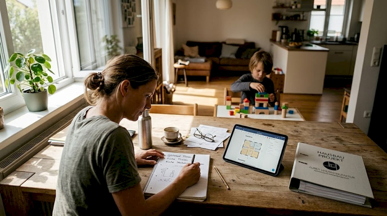 Gemeinsam am Küchentisch schmiedet die Familie ihre Hausbaupläne.