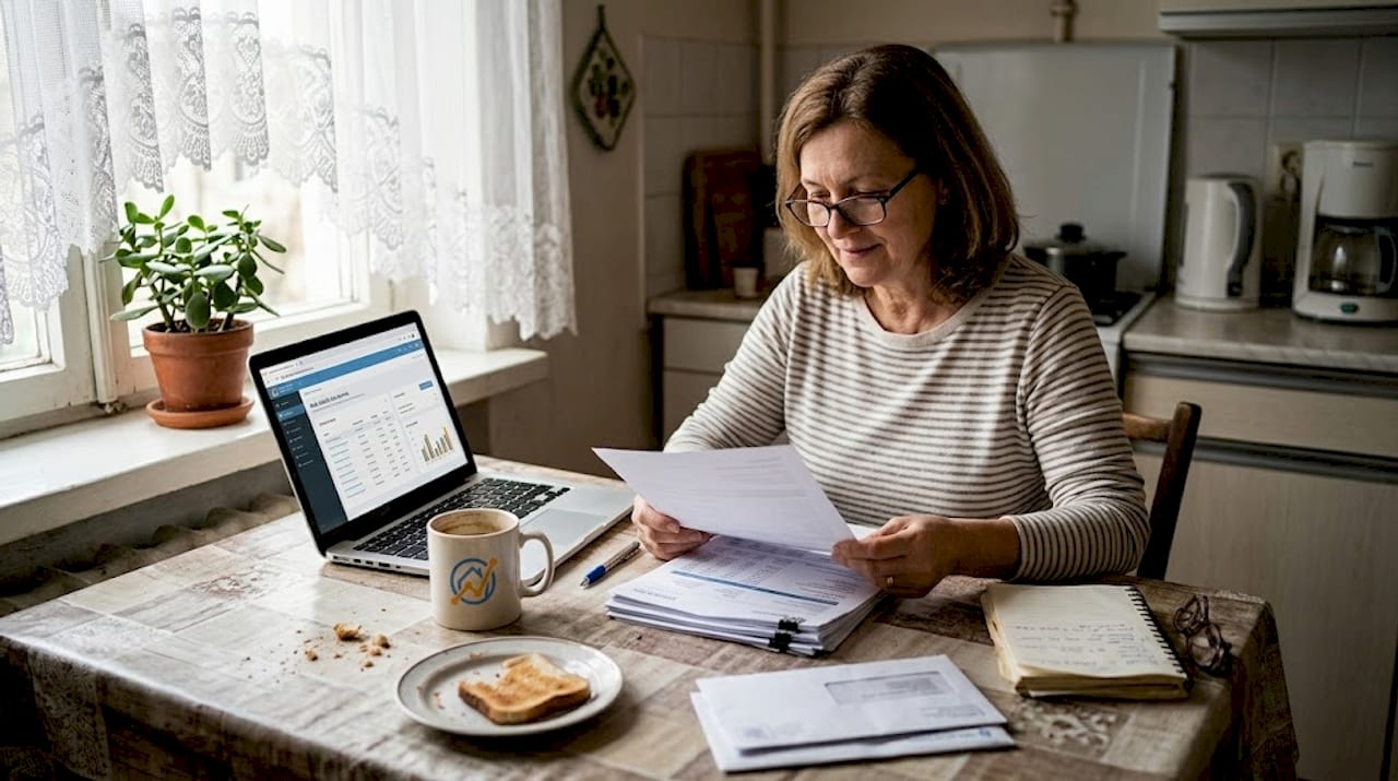 Eine Hausbesitzerin sortiert ihre Steuerunterlagen am Küchentisch und verschafft sich einen Überblick über ihre Finanzen.