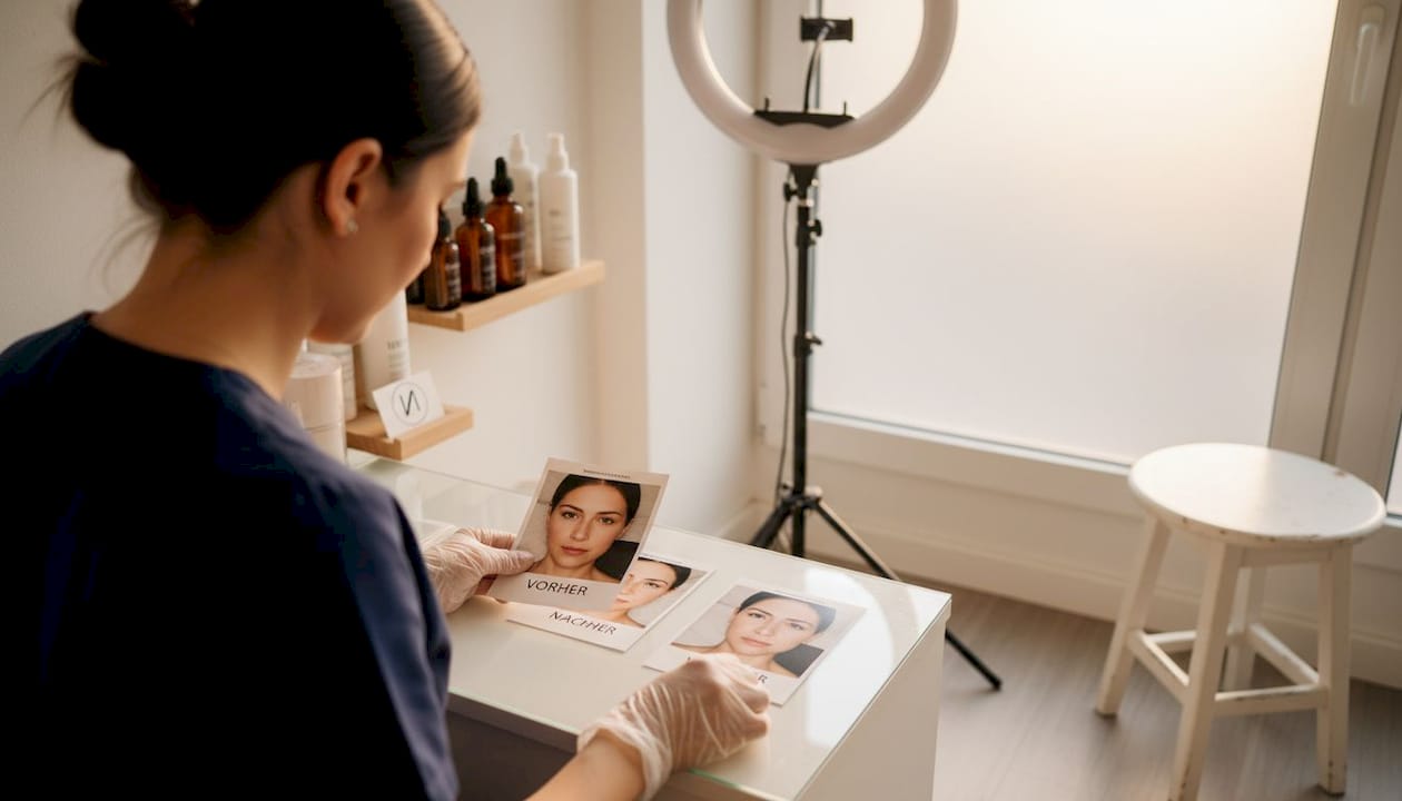 Eine Kosmetikerin erstellt eine Serie von Vorher-Nachher-Fotos, um die Ergebnisse ihrer Behandlungen zu dokumentieren.