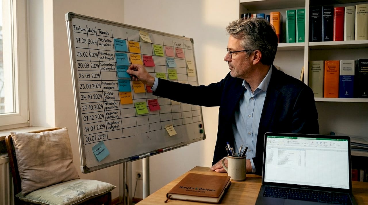 Ein Mitarbeiter aktualisiert die Übersicht der Aufgaben auf dem Whiteboard.