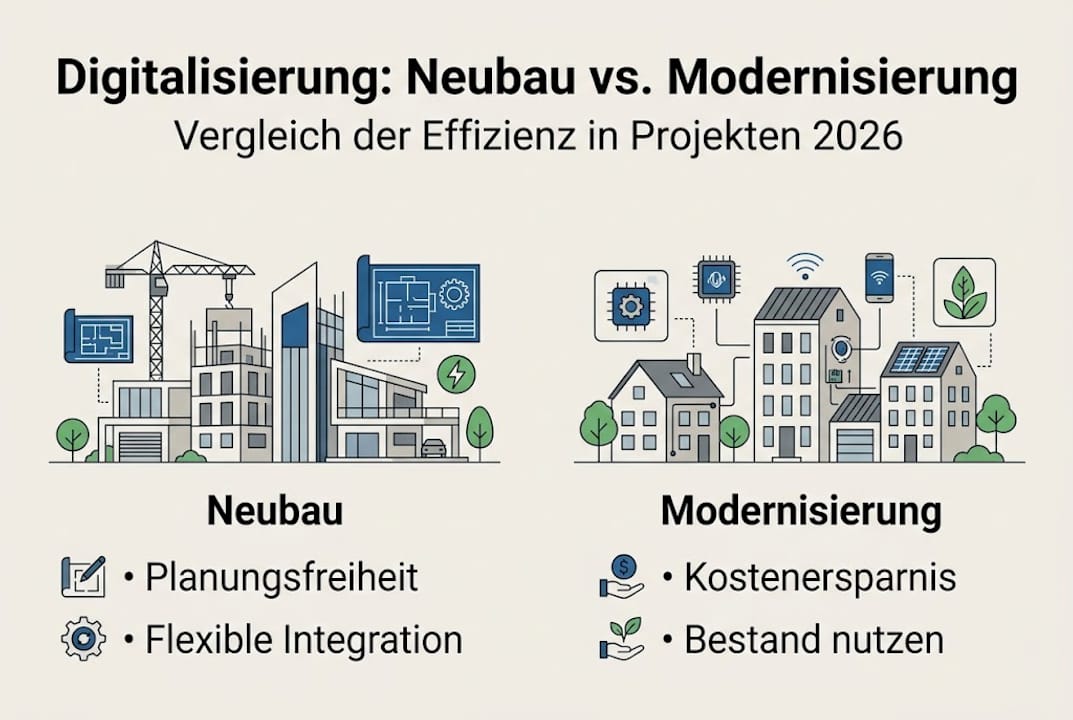 Grafik: Digitalisierung im Vergleich – Neubau versus Modernisierung