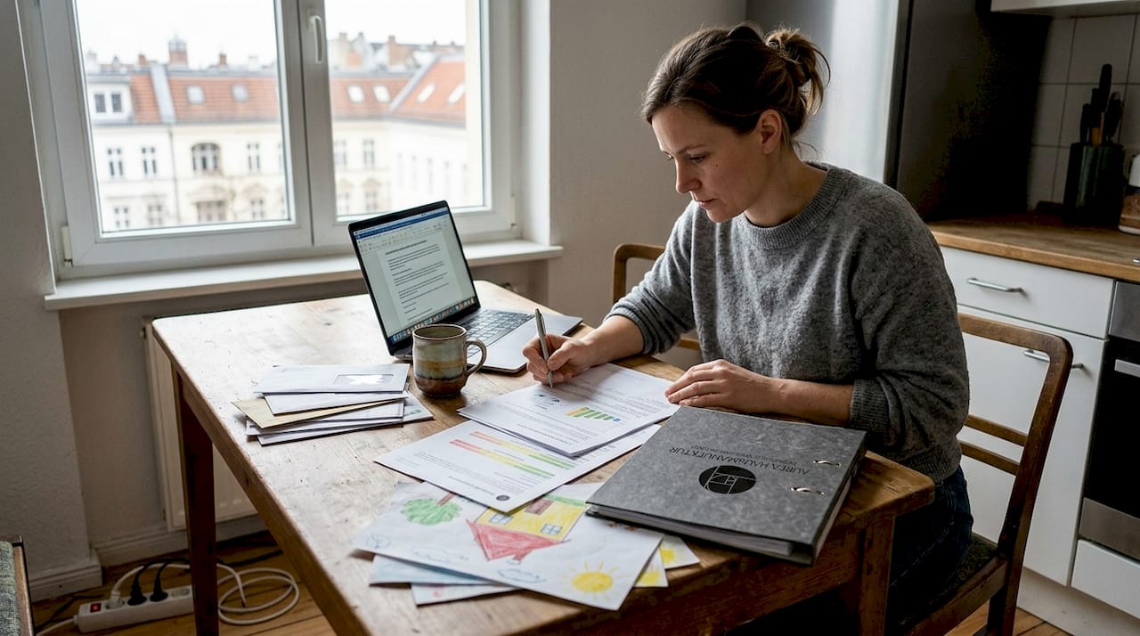 Eine Frau sitzt am Tisch und prüft Unterlagen zu ihrem Energieverbrauch.