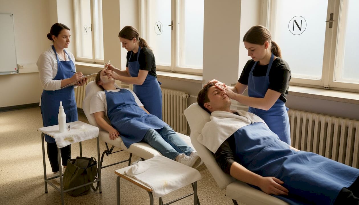 Im Ausbildungsunterricht sammeln angehende Kosmetikerinnen praktische Erfahrung bei Behandlungen.