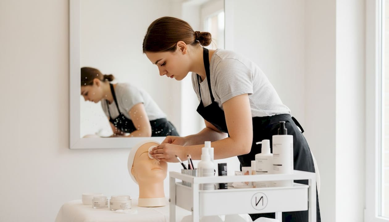 Praxisnahe Ausbildung im Kosmetiksalon: Hier sammeln angehende Kosmetikerinnen und Kosmetiker wertvolle Erfahrung direkt am Kunden und wenden ihr erlerntes Wissen sofort in der Praxis an.