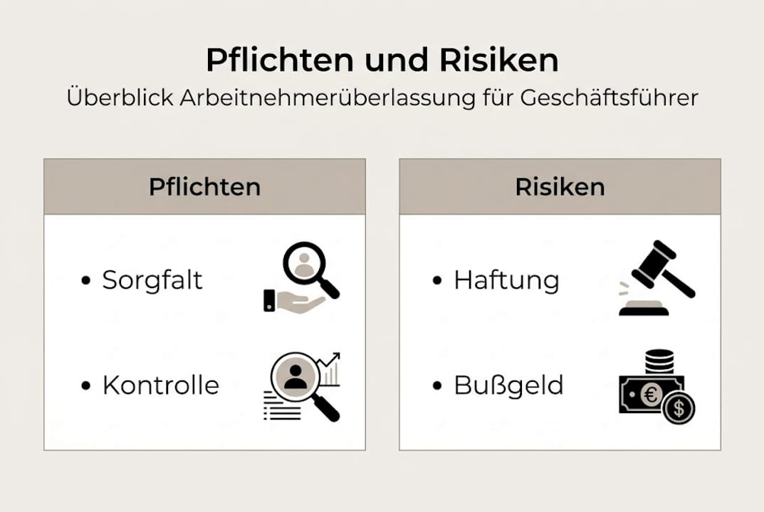 Diese Infografik veranschaulicht, welche Pflichten und Risiken bei der Beschäftigung von Zeitarbeitskräften zu beachten sind.