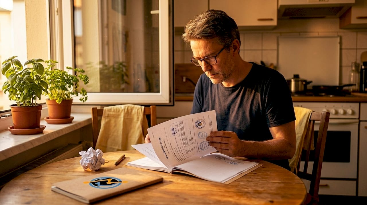 Ein Mann studiert das Grundbuch gemütlich am Küchentisch.