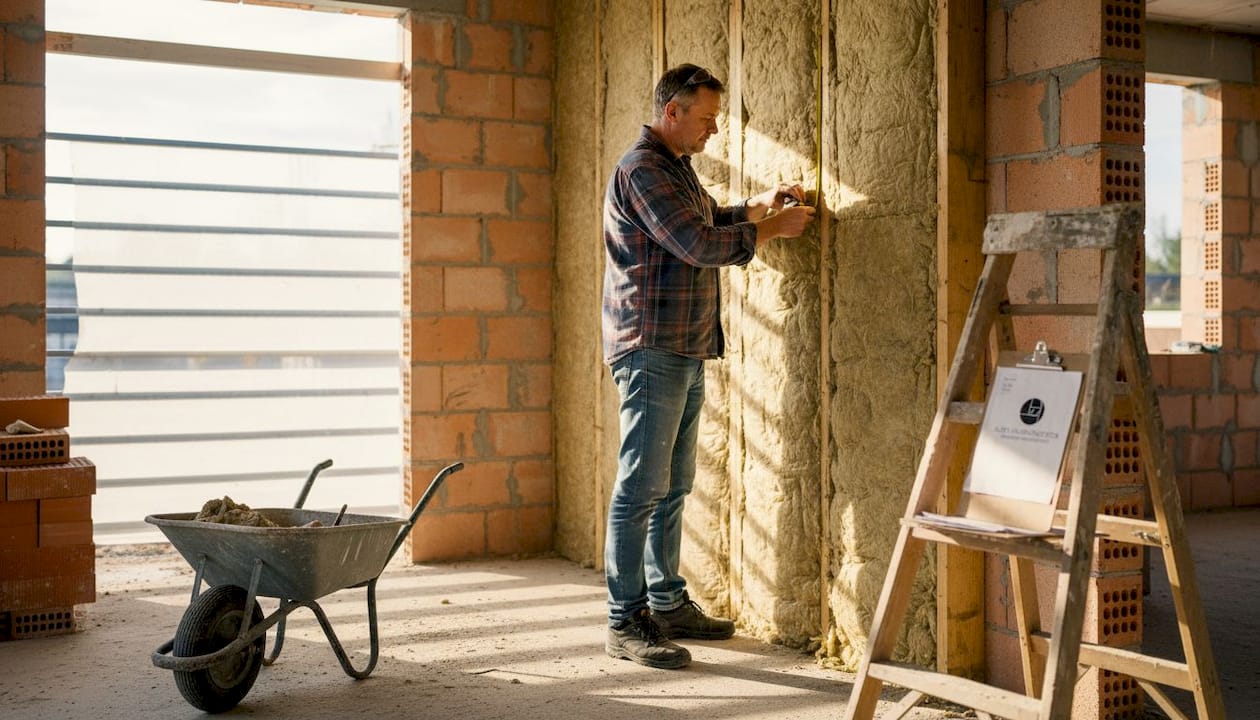 Der Bauleiter kontrolliert die Dämmung beim Rohbau.