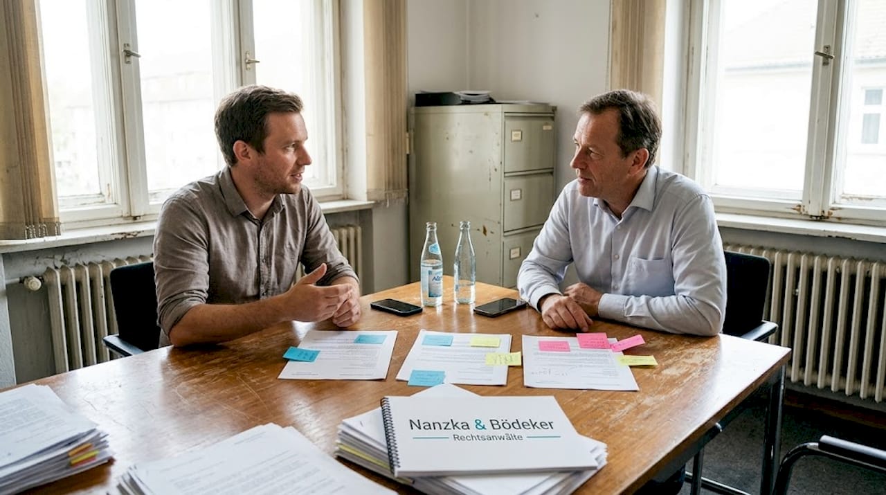 Im Büro tauschen sich zwei Kollegen über verschiedene Angebote aus.