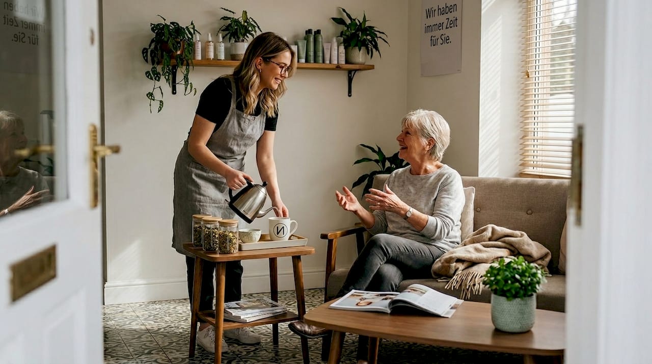 Die Inhaberin des Salons begrüßt eine ihrer Stammkundinnen herzlich im Wartebereich.