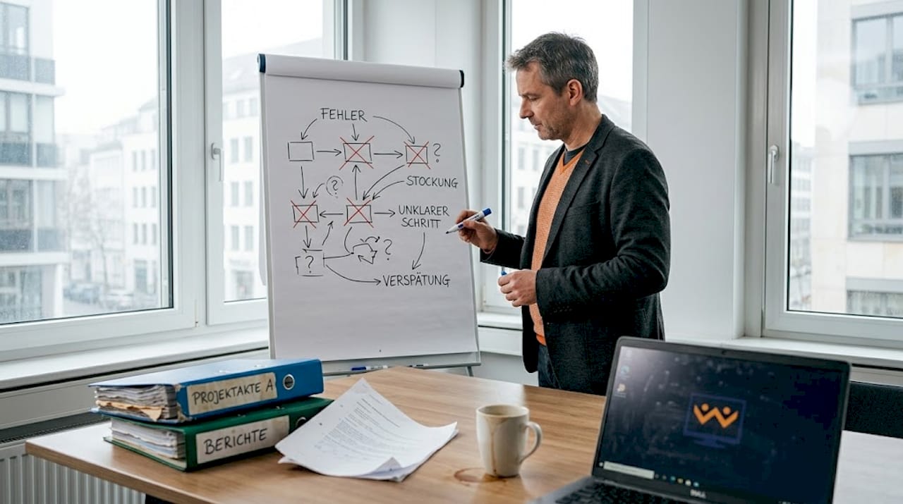 Ein Mitarbeiter bespricht und analysiert Arbeitsabläufe im Besprechungsraum.