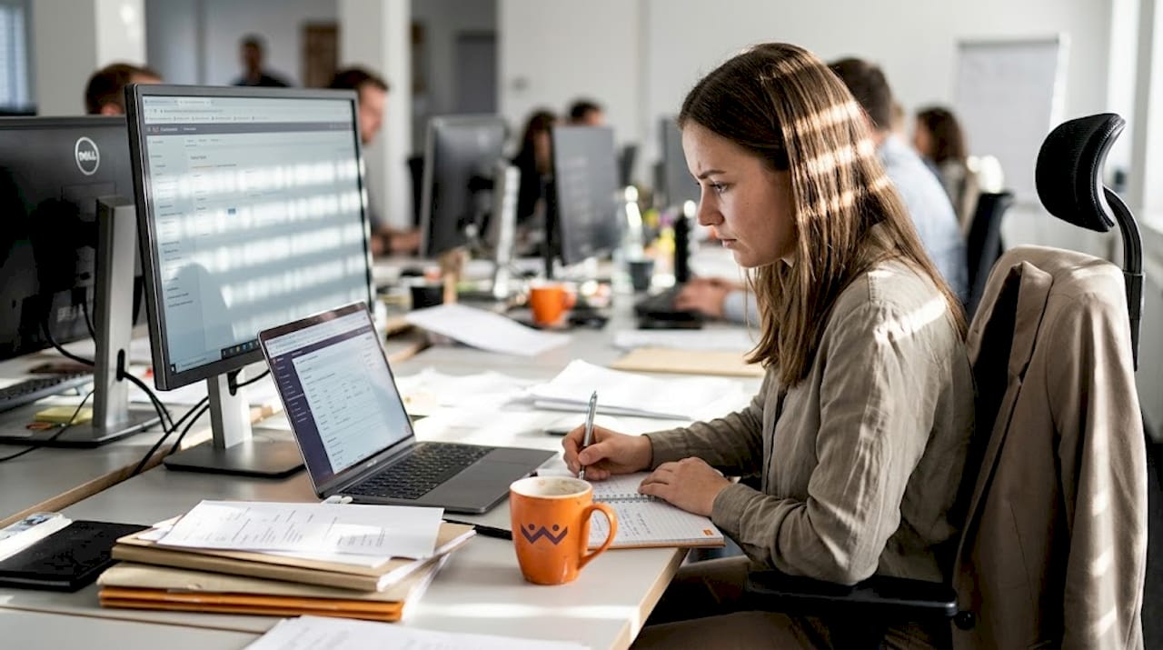Eine Mitarbeiterin pflegt gerade neue Daten ins CRM-System ein.
