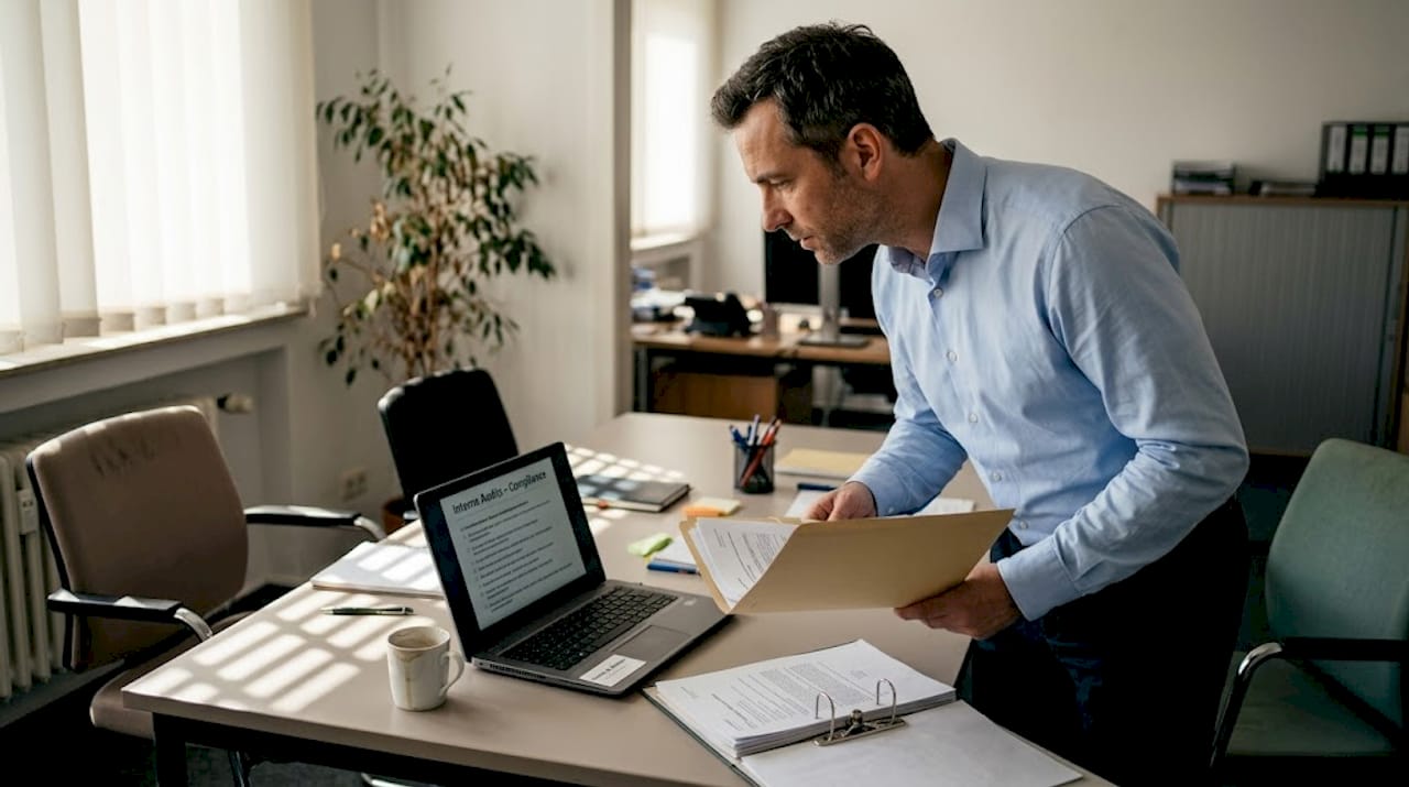 Der Compliance-Beauftragte prüft die Unterlagen der letzten Prüfung.