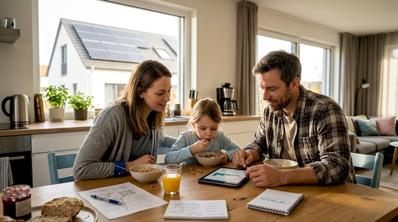 Eine Familie prüft gemeinsam die Energie-App, während draußen auf dem Dach die Solarpanels Strom erzeugen.