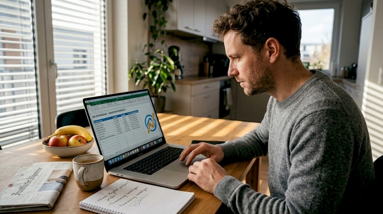 Ein Mann sitzt am Küchentisch und schaut sich in Ruhe verschiedene Käuferprofile an.