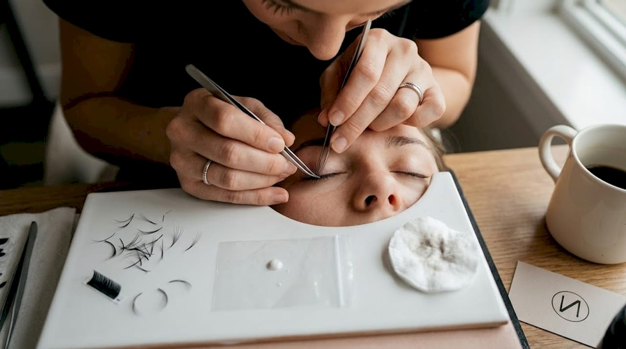 Mit geübten Händen werden hier Volumenfächer für Wimpernextensions gefertigt.