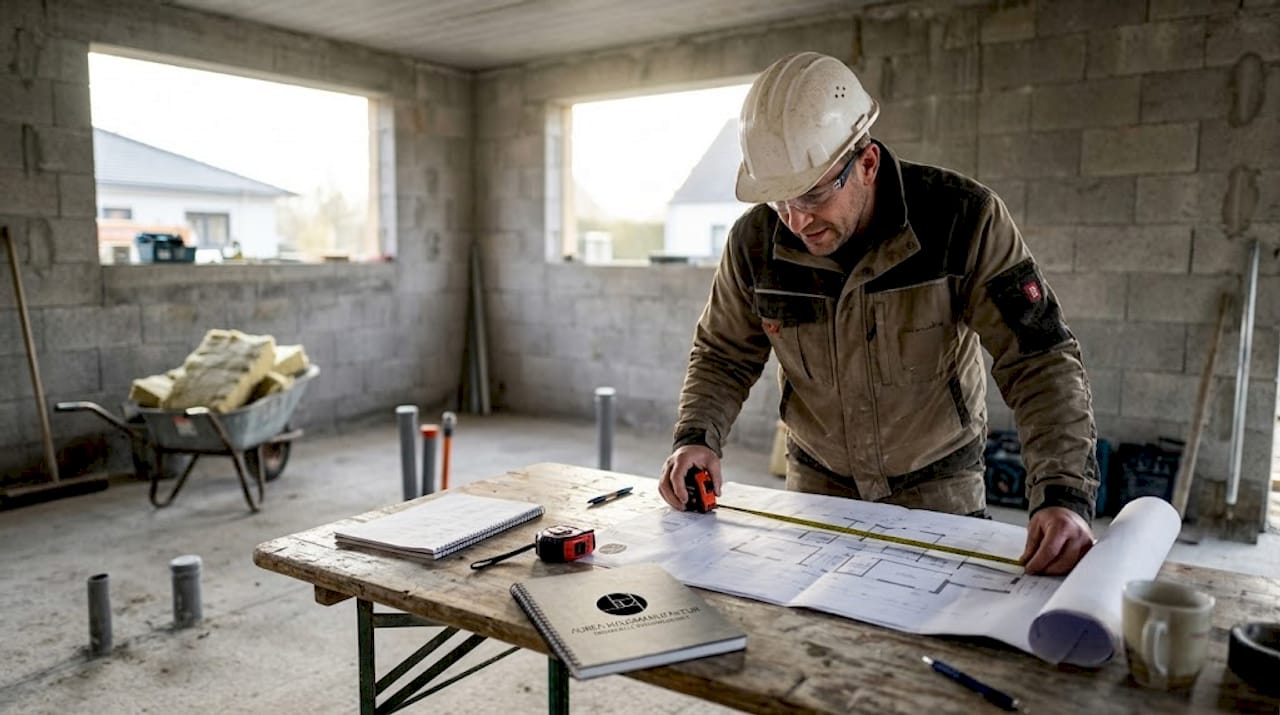 Ein Bauleiter überprüft die Ausführung der Wandkonstruktion im Detail.