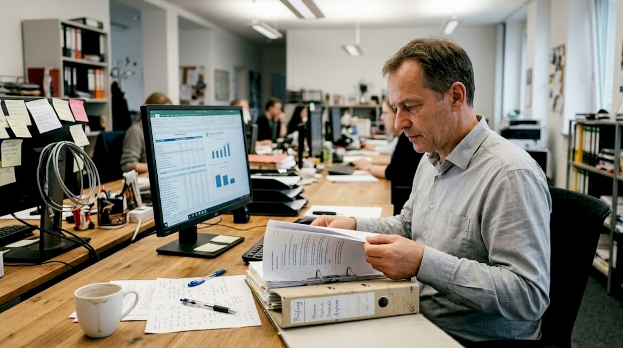 Im Großraumbüro überprüft ein Mitarbeiter die Unterlagen zur Zeitarbeit.