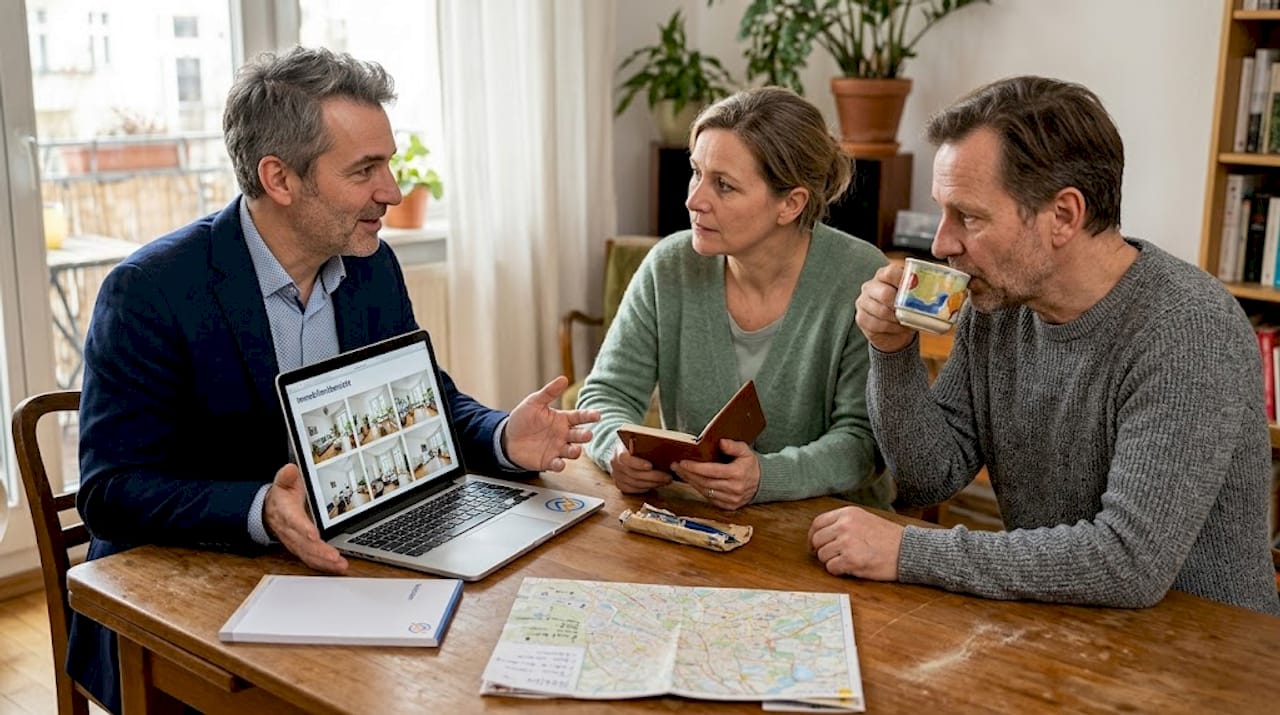 Ein Immobilienmakler bespricht mit den Eigentümern verschiedene Verkaufsstrategien und gibt Tipps, wie sie ihr Haus optimal am Markt präsentieren können.