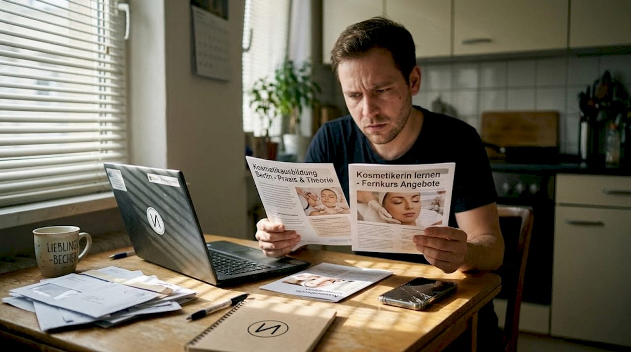 Ein Mann prüft und vergleicht Unterlagen zur Kosmetikausbildung.