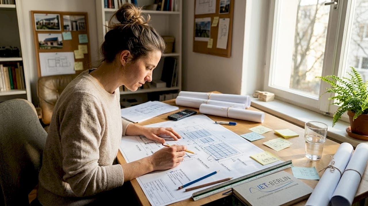 Ein Architekt prüft die Pläne für die Anordnung der Solarmodule.