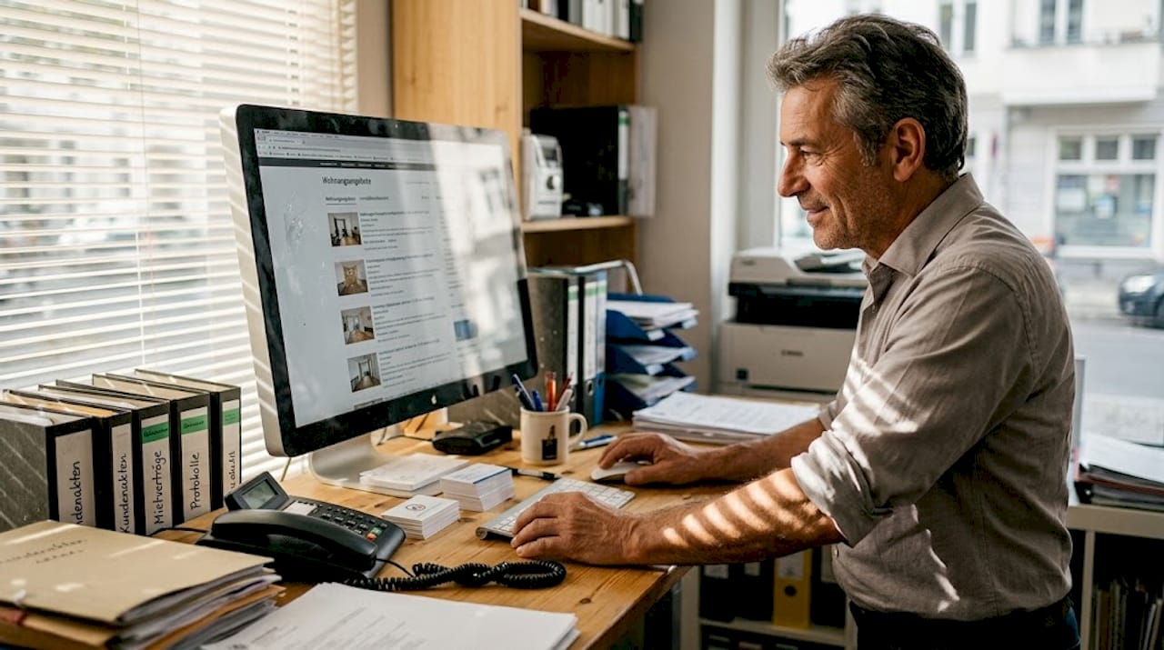 Ein Makler durchstöbert am Schreibtisch aktuelle Immobilienangebote.