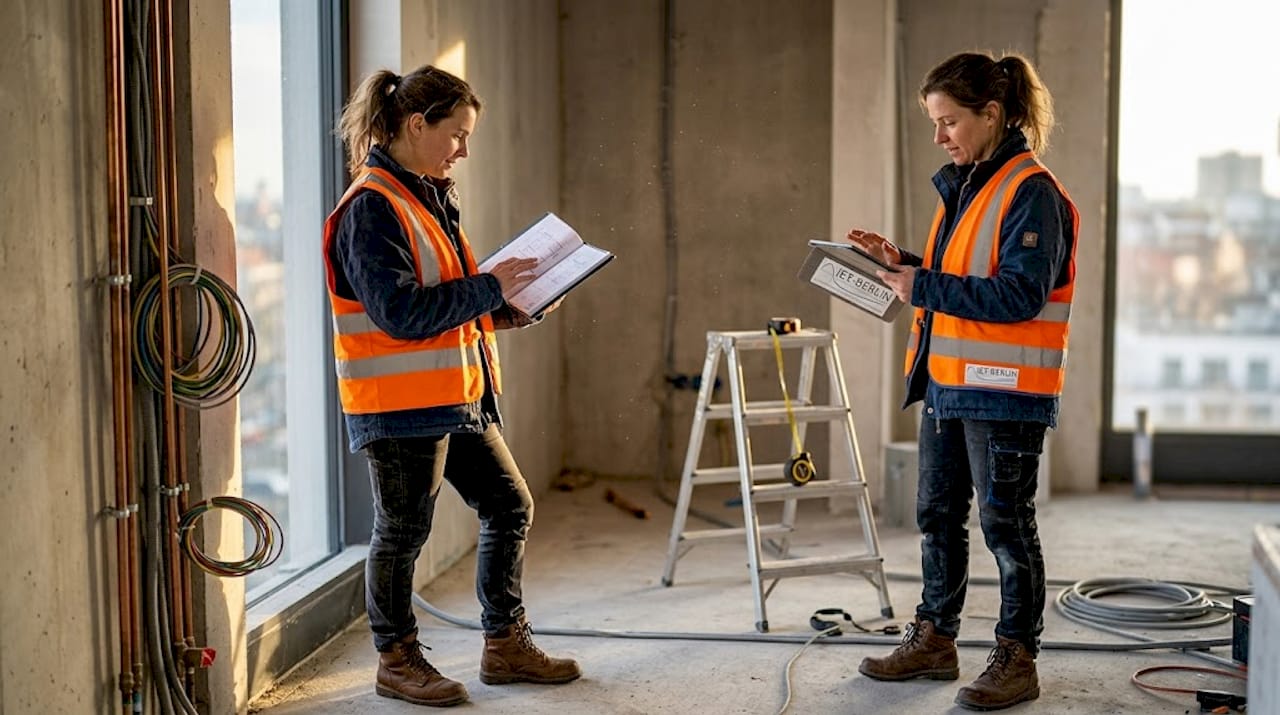 Eine Ingenieurin begutachtet die Baupläne direkt vor Ort.