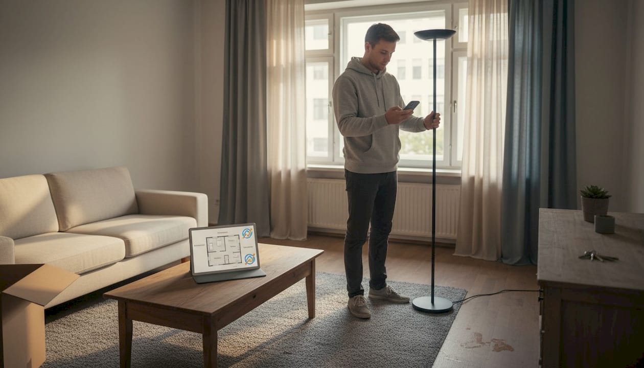 Ein junger Mann begutachtet die virtuelle Einrichtung seines Wohnzimmers.