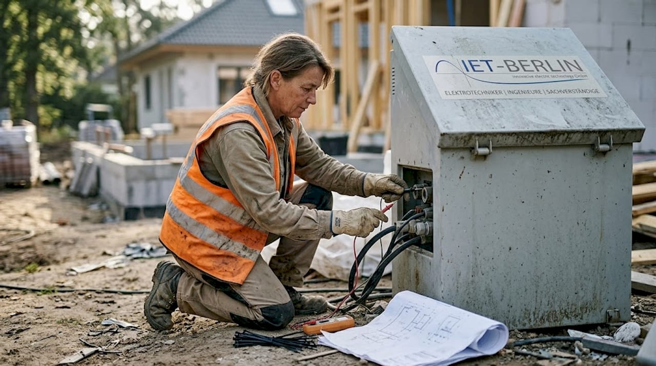 Eine Vorarbeiterin überprüft draußen den provisorischen Stromverteiler.
