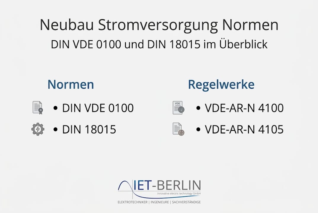 Infografik: Übersicht der Stromversorgung im Neubau – relevante Vorschriften und Standards