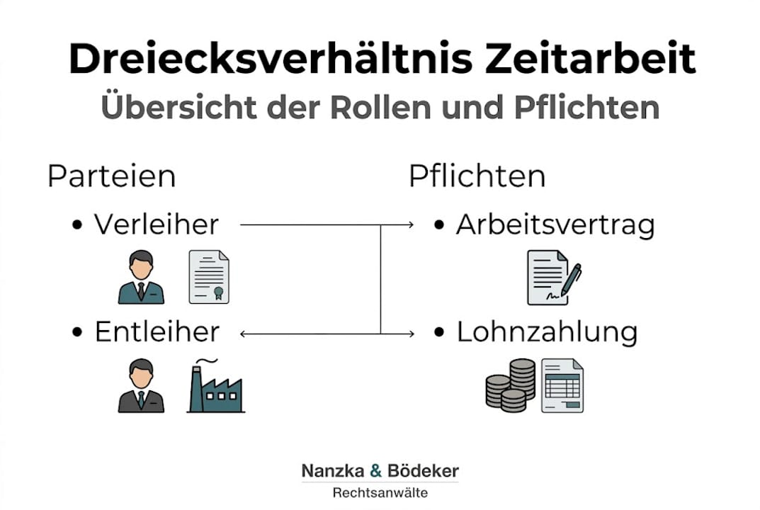 Übersichtsgrafik: Das Zusammenspiel der Parteien und ihre jeweiligen Pflichten im Dreiecksverhältnis
