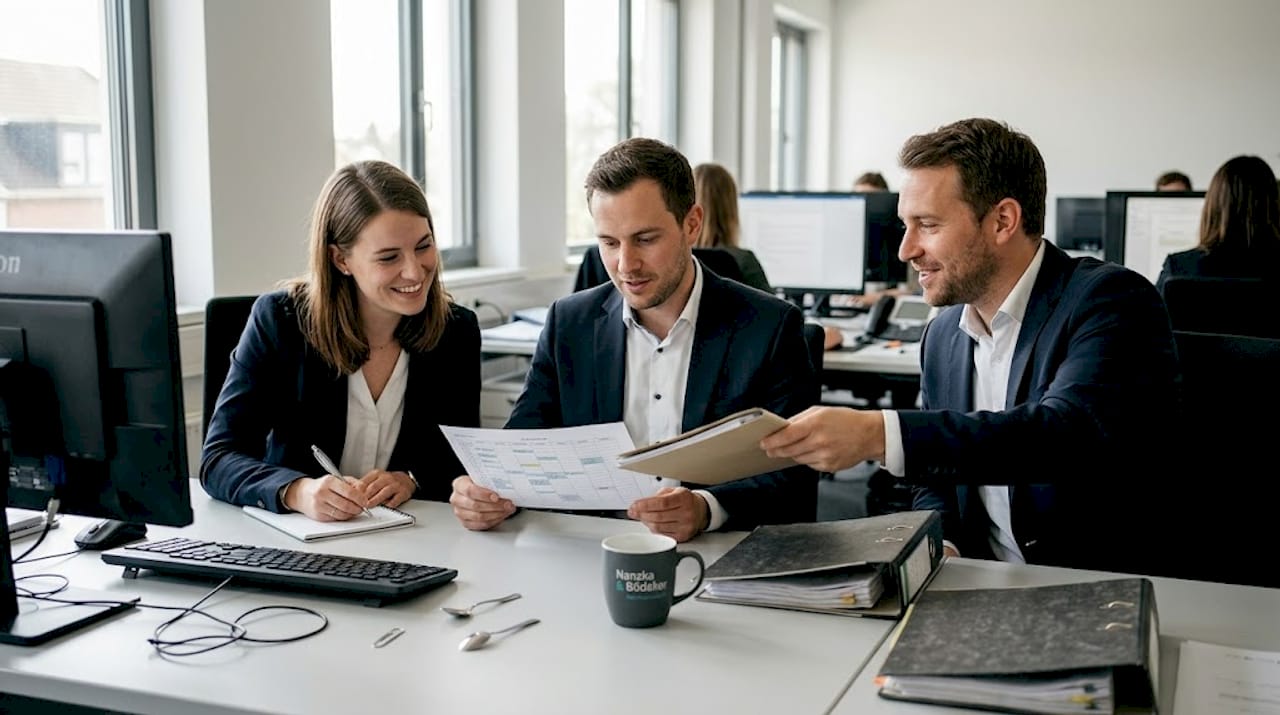 Unser Zeitarbeits-Team arbeitet gemeinsam im modernen Großraumbüro.